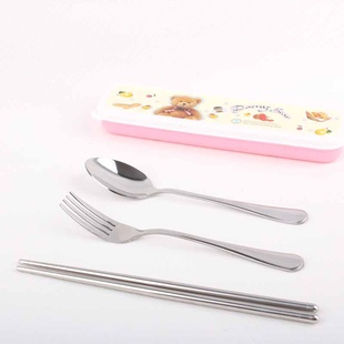 不锈钢便携餐具三件套韩式卡通塑料盒旅行餐具套装筷叉勺礼品餐具信息