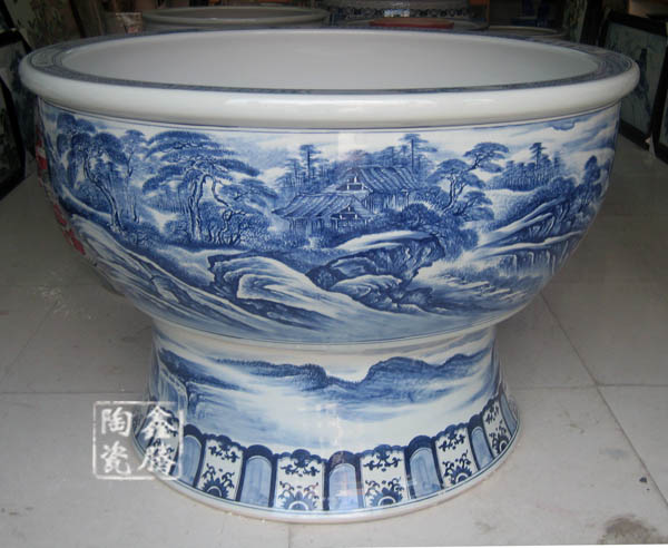 青花瓷高脚缸，青花山水陶瓷大缸，手绘山水瓷缸信息