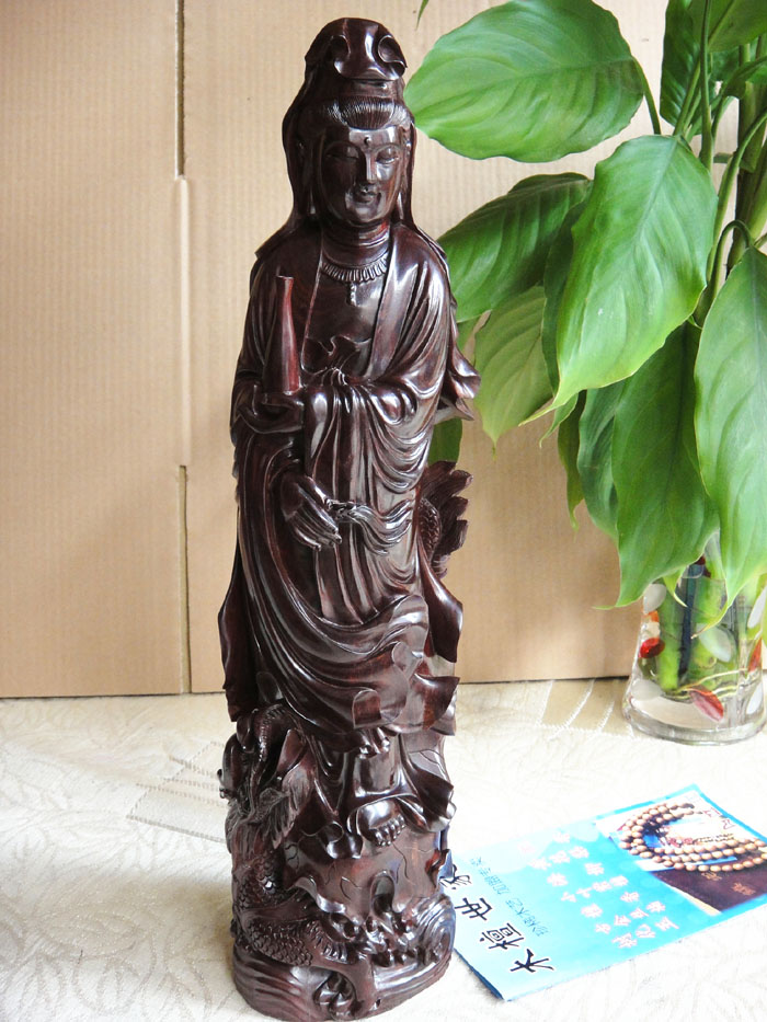 印度小叶紫檀木雕件 骑龙观音净瓶观世音菩萨摆件信息