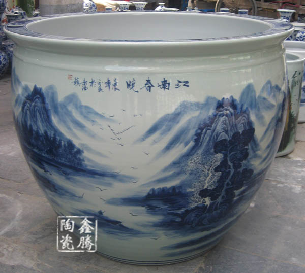 青花山水陶瓷大缸，手绘青花瓷大缸，商务礼品大缸信息