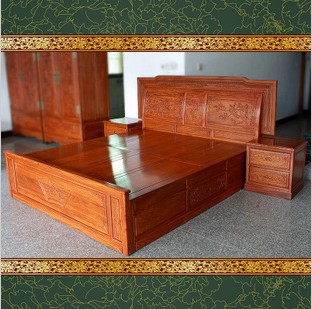 非洲花梨木精雕双人床 床头柜组合 双人床红木家具信息