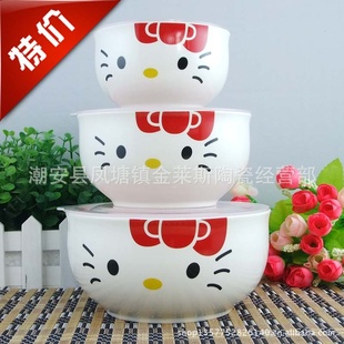 厂家低价直销KT猫陶瓷三件套鼓形保鲜碗饭盒礼品碗/可加LOGO信息