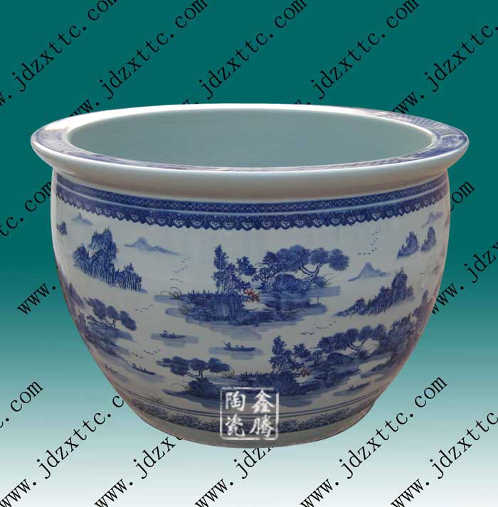 青花瓷陶瓷大缸，手绘青花山水大缸，手工陶瓷大缸信息