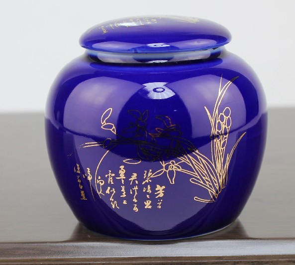 直供礼品陶瓷 金荷花蓝釉罐 小号鼓形调味罐信息